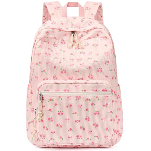 mibasies School Backpack for Girls with Laptop Sleeve: 18IN Large Capacity Corduroy Bookbag for Primary Middle School/College, Travel Daypack for Teens Women - Pink Flower Bow - color: Pink Flower Bow