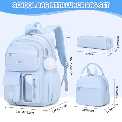 ACESAK Backpack for Girls - Girls Backpack with Lunch Bag & Pencil Pouch for Teen Kids Laptop Backpack for Women, Elementary Middle High School Bookbag Travel Daypack (Blue) - color: Blue