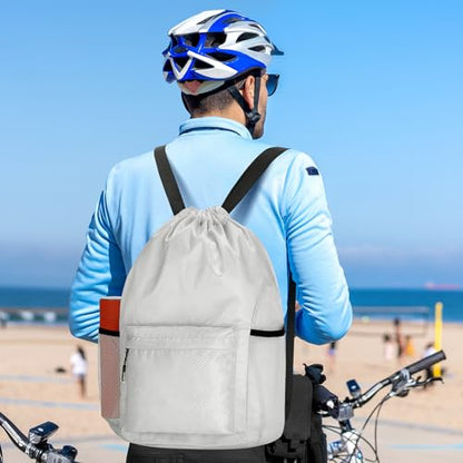 Waterproof Drawstring Bag, Lightweight String Backpack with Water Bottle Holder and Pockets, Gym Sports Cinch Sackpack (Grey) - color: Grey