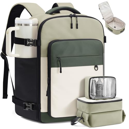 LOVEVOOK Travel Backpack for Women & Men, 40L Large Airline Approved Carry on Backpack for Travel, TSA Personal Item Travel Bag with 3 Packing Cubes, Waterproof Travel Essentials Bag fits 17" Laptop - color: Pea Green, size: 40L-4PCS