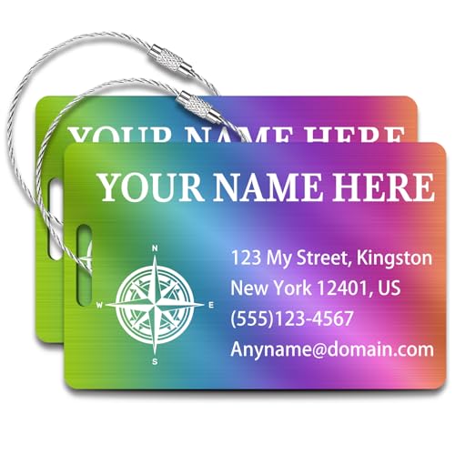 Personalized Metal Luggage Tags (2 Pack), Customizable Icon Text, Laser Engraved Waterproof Durable, for Bags, Backpack Travel, Suitcases (Multi) - color: Vertical Rainbow