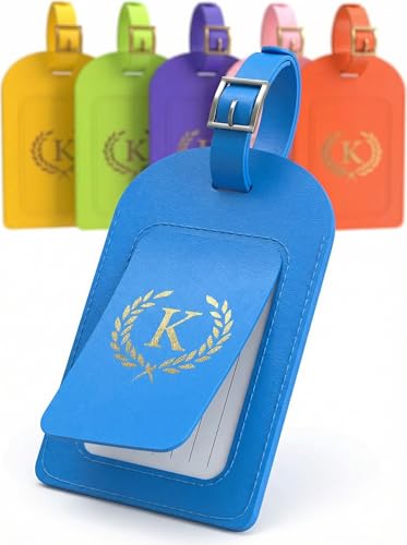 Initial Luggage Tags - Letter K - 6 Pack Vegan Leather Travel Bag Tags with Privacy Cover & Stainless Steel Buckle, Personalized ID Labels for Suitcases & Travel, Multicolor (Style K) - style: K
