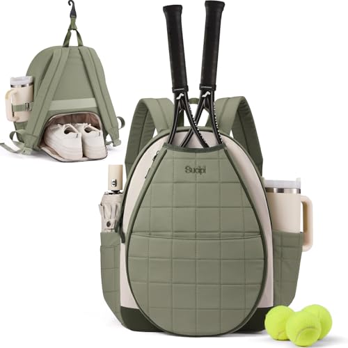 Sucipi Tennis Bags for Women, Quilted Tennis Racket Bag Backpack for Tennis Racquet, Pickleball Paddles, Badminton - color: Light Green-beige-olive green with cup holder, size: Large with Shoe Compartment