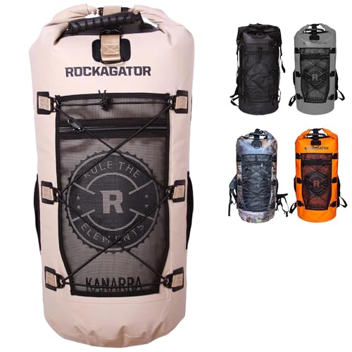 Rockagator Kanarra 90L Waterproof Backpack for Camping, Hiking, Mountaineering, Backpacking, Hunting, Fishing, Canoeing, Outdoor Activities, The Wet Outdoors - Large Capacity, Roll Top Closure, Tan