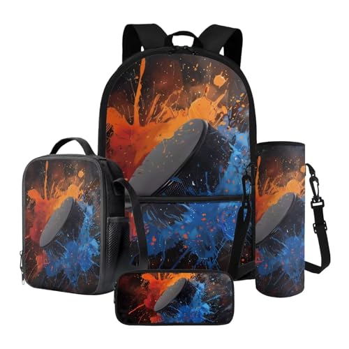 Hockey Splash 4 Piece Set Backpack Set for Child Portable Bookbag Set Elementary School Bag with Shoulder Strap Large Capacity Rucksack for Children - color: Hockey Splash