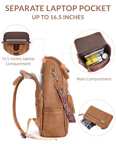 SYTRAH Leather Laptop Backpack for Women Designer Laptop Bag, 16.5 inch Travel Computer Backpacks Purse with Tassel for Work Business with Satchel Purse Brown - color: Brown