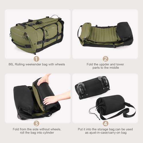 29" 86L Foldable Wheeled Duffle Bag, Waterproof Travel Rolling Backpack with Quilted Bottom, Army Green - color: Green