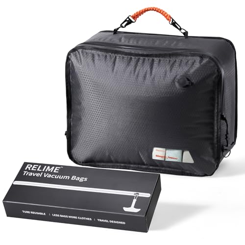 Relime Apex Series Vacuum Bags for Travel Luggage, 180° Open, Reusable Compression Bags for travel Pack, Vacuum Seal Packing Cube for Cloth (1Medium No Pump) - color: 1 Gray No Pump, size: Medium for Carry On