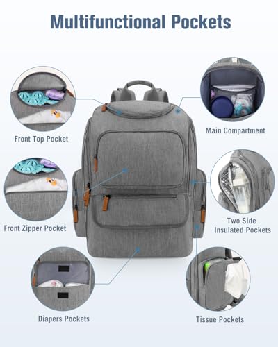 Mancro Diaper Bag Backpack, Multifunctional Baby Diaper Bag Backpack For Men Women with Stroller Straps, Travel Water Resistant Baby Diaper Backpack with 2 Side Insulated Pockets, White Grey - color: White Grey, size: Large
