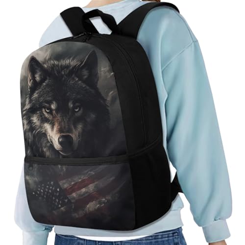 American Flag Wolf Backpack for Kids Boys Backpack with Lunch Box Water Bottle Bag and Soft Pencil Case 4PCS Set Bookbag with Front Pocket for School 17" Sturdy School Bag with Side Pocket - color: American Flag Wolf