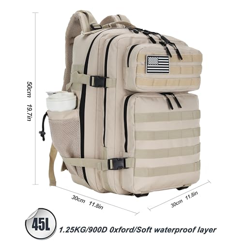 Lovelinks21 45L Tactical Assault Backpack 3 day assault pack with Molle Waterproof backpack Rucksack for Tactical Backpacks (Light Khaki) - color: Light Khaki