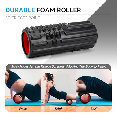 5 in 1 Foam Roller Set, High Density Fitness Exercise Foam Roller for Deep Tissue Muscle Massage, Massage Roller, Massage Ball, Resistance Band, for Whole Body(Black) - color: Black