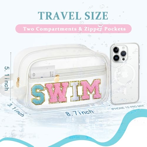 COSHAYSOO Clear SWIM Bag Waterproof Valentines Grab Bag Gifts for Women Teen Girls Swimmer Team Coach, Swimming Pool Accessories Organizer Transparent Makeup Toiletry Bag Beach Travel Cosmetic Pouch - color: White-SWIM