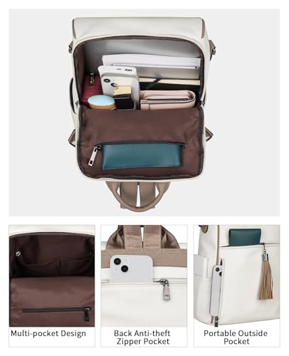 FADEON Leather Backpack Purse for Women Designer Travel Backpack Purses PU Fashion Ladies Shoulder Bag with Tassel - color: 1 White Retro Style