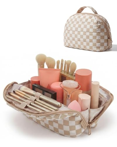 BAGSMART Travel Makeup Bag for Women, Portable Fold-down Cosmetic Case, Puffy Padded Make Up Organizer Pouch, Water-resistant Toiletry Bag for Toiletries, Brushes (Khaki Brown checkered Print) - color: Khaki Brown checkered Print