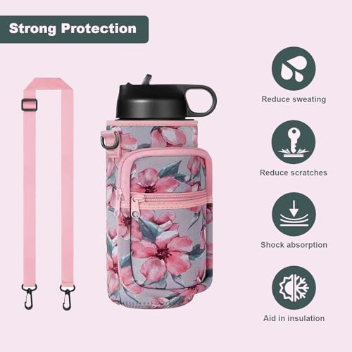 Water Bottle Holder with Strap, Insulated Crossbody Sling Bag, Carrier with Phone Pocket for Walking Hiking Camping Fishing - color: Flower Pink, size: 40oz