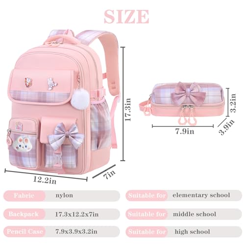 NSEQB Girls Backpack,Kids School Backpack With Lunch Box Pencil Case Set,Cute Childrens Schoolbag For Girls - color: Pink-2PCS