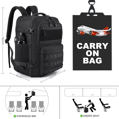 MOZETO TSA Approved Carry On Backpack, Extra Large Tactical Travel Backpack for Men, Airplane Approved Weekender Bag for Flight (Black)
