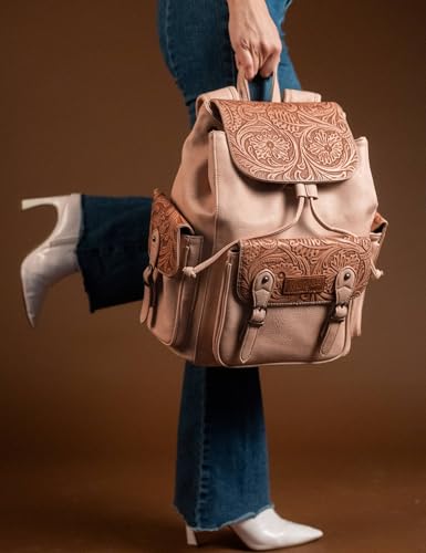 Montana West Wrangler Backpack Purse for Women Men Western Backpack Floral Tooled Travel Bags - color: Carve Tan