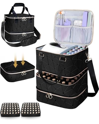 Nail Polish Organizer Bag, 3 Layers Detachable Nail Kit Storage Case PU Leather, Storage Case Holds 84 Bottles(15ml/0.5fl.oz)& Nail Lamp, Large Travel Nail Supplies Shoulder Bag for Manicure Tools