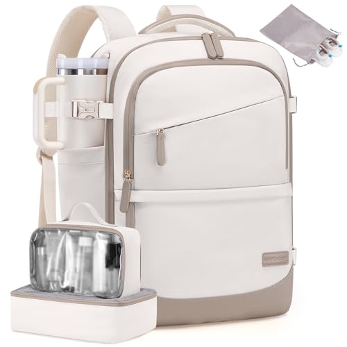 LOVEVOOK Travel Backpack for Women & Men, 50L Carry on Backpack Airline Approved, Large TSA Personal Item Travel Bag fits 17.3" Laptop, Business Weekender Bag for Essentials, 4Pcs - color: Beige-dark Khaki, size: 18 Inch-4Pcs