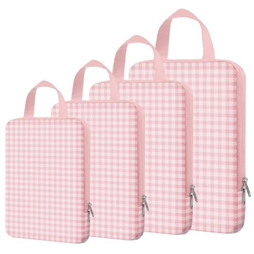 4 Set Expandable Compression Packing Cubes for 3–7 Day Travel, Solid & Plaid Fabric Travel Organizers, Double-Zipper Storage Bags for Carry-On & Suitcases(4set-Pink Gingham) - color: Pink Gingham, size: 4 set