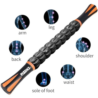 Muscle Roller Massage Roller Stick- Deep Tissue Fascia Blaster for Myofascial Pain Relief, Lymphatic Drainage & Body Sculpting, Handheld Physical Therapy & Recovery Tool (Orange black-18 inch) - color: Orange Black