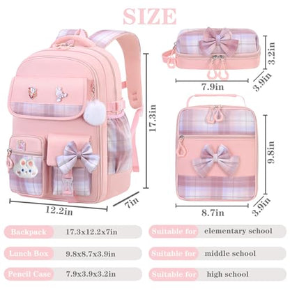 NSEQB Girls Backpack,Kids School Backpack With Lunch Box Pencil Case Set,Cute Childrens Schoolbag For Girls - color: Pink-3PCS
