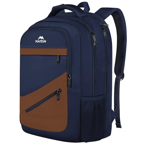 MATEIN Travel Backpack for Men with Anti Theft Pocket, TSA Friendly Carry On 17.3 Inch Laptop Backpack with Luggage Strap, Water Resistant Flight Approved Work Business College Daypack Bag for Men - color: Dark Blue Brown, size: 17 Inch