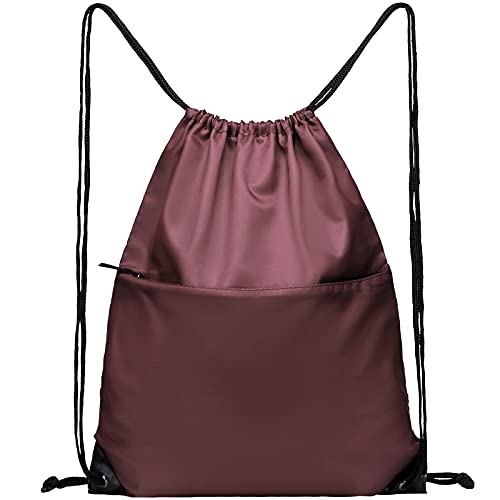 Drawstring Backpack Sports Water Resistant String Bag Sport Gym Sackpack for Women Men Large with Zipper, Burgundy - color: Burgundy