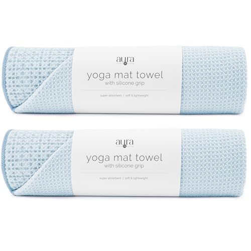S&T INC. Aura Yoga Mat Towel with Non-Slip Grip, Enhanced Silicone Grip, Soft and Absorbent for Gym, Pilates, and Hot Yoga Mat, 2 Pack, 24 inches x 72 inches, 340GSM, Blue - color: Blue 2-pack