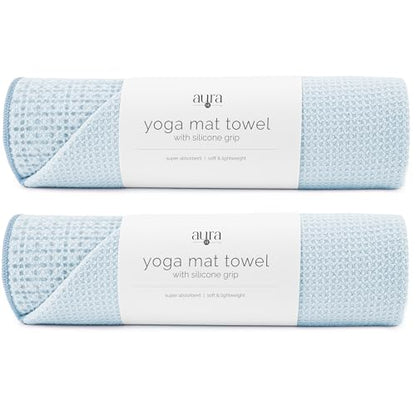 S&T INC. Aura Yoga Mat Towel with Non-Slip Grip, Enhanced Silicone Grip, Soft and Absorbent for Gym, Pilates, and Hot Yoga Mat, 2 Pack, 24 inches x 72 inches, 340GSM, Blue - color: Blue 2-pack