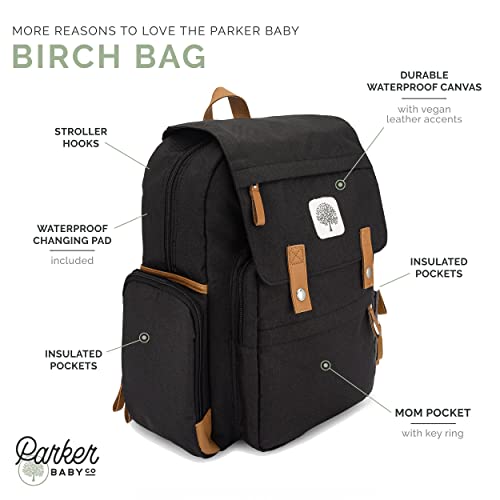Parker Baby Co. Diaper Backpack - Large Diaper Bag with Insulated Pockets, Stroller Straps and Changing Pad -Birch Bag - Black - color: Black