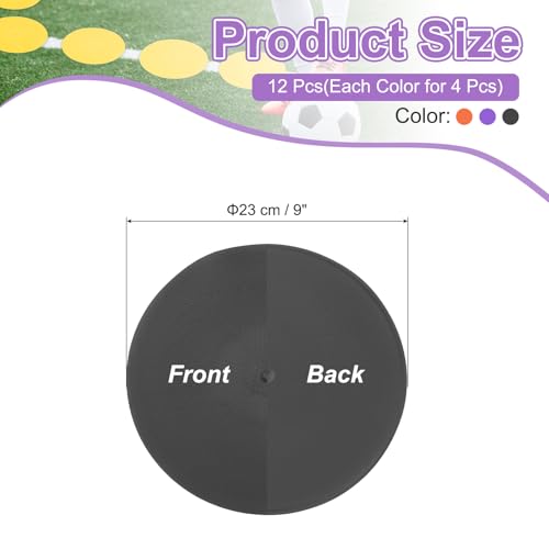 PATIKIL Spot Markers 9 Inch, 12 Pcs Non-Slip Floor Dots Agility Markers Flat Field Cones Poly Dots for Gym PE Speed Training Dance Soccer Basketball Sports, Orange/Purple/Black