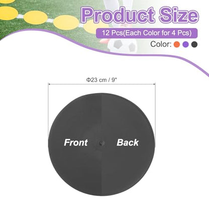 PATIKIL Spot Markers 9 Inch, 12 Pcs Non-Slip Floor Dots Agility Markers Flat Field Cones Poly Dots for Gym PE Speed Training Dance Soccer Basketball Sports, Orange/Purple/Black