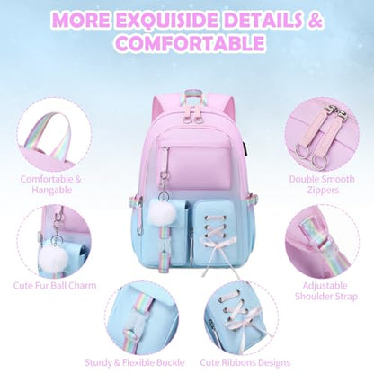 ACESAK Backpacks for Girls, Girls Backpack with Lunch Box and Pencil Case for Teen Kids Elementary Middle High School College Student, Children Backpack Bookbag with USB Charging Port (Pink-blue) - color: Pink-to-blue Gradient