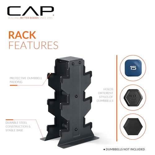 CAP Dumbbell Set with Rack, Rubber Coated Hex Free Weight Set | 100–300 lb Options, Vertical Space-Saving Storage for Home Gym Strength Training - size: 100 lb Set - Black Rack, style: Chrome Handle