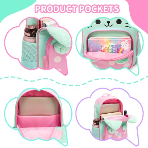 School Backpack for Girls,Cute Cat Kids Bookbag 3PCS Set with Lunch Bag Pencil Case,Elementary Girls Backpack for School,Lightweight Travel Daypack - color: Green Pink Cat