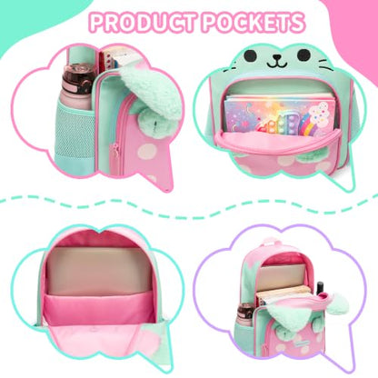School Backpack for Girls,Cute Cat Kids Bookbag 3PCS Set with Lunch Bag Pencil Case,Elementary Girls Backpack for School,Lightweight Travel Daypack - color: Green Pink Cat