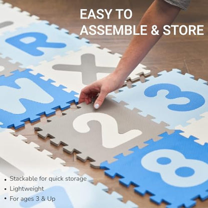 Tadpoles Foam Playmats for Kids, 36 Interlocking Tiles Teach the ABCs and Numbers 0-9, Total Floor Coverage 74” x 74” (36 Sq Ft), For Ages 3 and Up, Colors: Blue/Grey