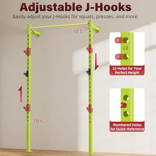 SPORTSOUL Wall Mounted Power Cage, 900lbs Squat Rack with Pull Up Bar for Home Gym, Space-Saving 2"x2" Pull-Up Station with Adjustable J-Hooks for Garage & Apartment - color: Green