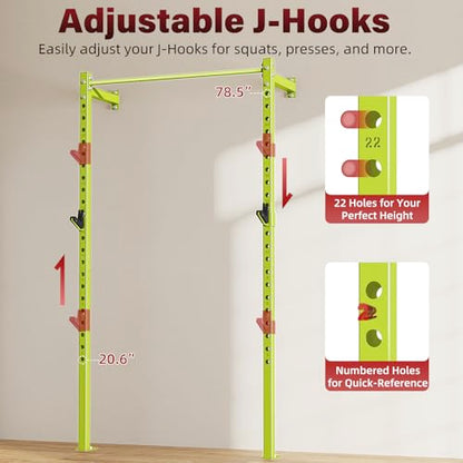 SPORTSOUL Wall Mounted Power Cage, 900lbs Squat Rack with Pull Up Bar for Home Gym, Space-Saving 2"x2" Pull-Up Station with Adjustable J-Hooks for Garage & Apartment - color: Green