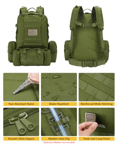 CVLIFE Tactical Backpack Military Army Rucksack 60L Large Assault Pack Detachable Molle Bag, Army Green - color: 06-army Green With Patch