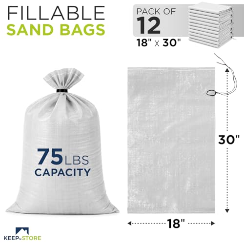 Heavy Duty Sand Bags Pack of 12, White Empty Sandbags with Built-In Ties, Woven Polypropylene UV Protection 1600 Hours, Fillable Bags for Flood Control, Weight, 18x30 inches, 75 Pounds Volume - size: 18"W x 30"L, style: Pack of 12