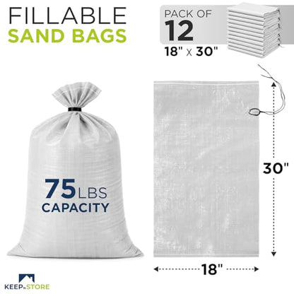 Heavy Duty Sand Bags Pack of 12, White Empty Sandbags with Built-In Ties, Woven Polypropylene UV Protection 1600 Hours, Fillable Bags for Flood Control, Weight, 18x30 inches, 75 Pounds Volume - size: 18"W x 30"L, style: Pack of 12