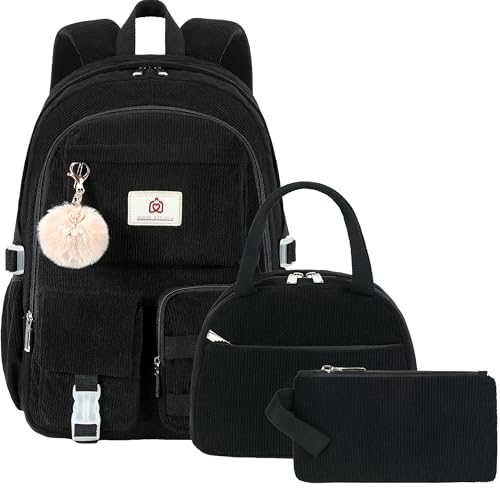 School Backpack with Lunchbox for Teens Girls Women 15.6 Inch Laptop College Backpacks with Lunch Bag Bookbag Set Corduroy Kids Elementary Middle High Bags Students Back Pack Daypack - Black Set - color: 12-corduroy Black Set