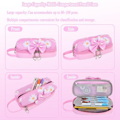 Girls Backpack Set with Lunch Box & Pencil Case, Floral Print Girls School Backpack for Elementary/Middle/High School (Pink-Daisy) - color: Pink-daisy