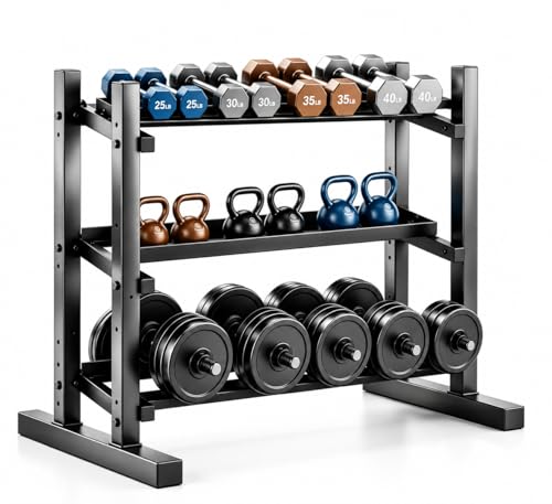 3-Tier Professional Dumbbell Rack, Commercial Grade Dumbbell Storage Rack,1300LB Capacity with Barbell Holder, Adjustable Heavy-Duty Weight Rack for Home Gym, Weight Stand for Dumbbells, Kettlebells & Weight Plates (Rack Only)
