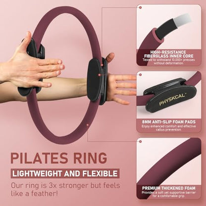 PhysKcal Pilates Kit, 15-Inch Pilates Ring with 1x Core Ball, 3X Resistant Loops and 2X Flex Bands, Home Pilates Equipment Set and Mat Pilates Essential Kit - color: Plum