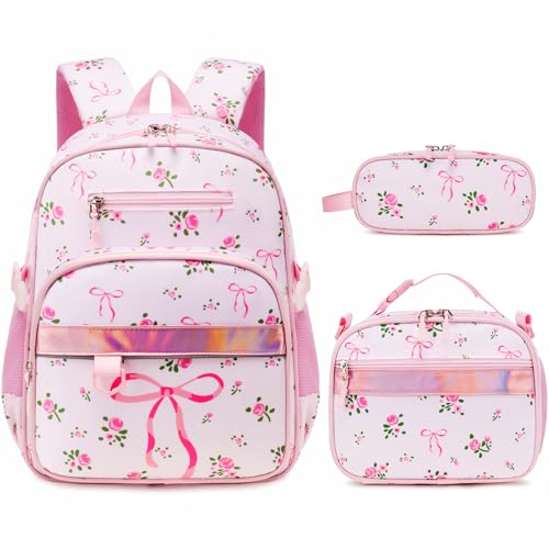 Toddler Backpack for Girls Ages 5-8, 3PCS Girls Backpack with Lunch Bag & Pencil Case - 15inch Kids School Bookbag for Preschool Kindergarten Elementary School (Floral Bow) - color: Floral Bow